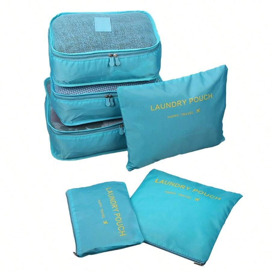 Juego de 8 cubos de embalaje impermeables para viaje: organizador de equipaje multitamaño para ropa, ropa interior, zapatos y artículos de tocador. Diseño ligero y resistente al desgarro para vacaciones familiares, camping y viajes en crucero. - Azul Cadete - Ver 1