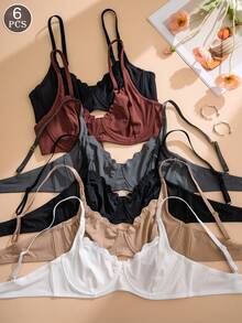6 piezas de sujetadores de copa blanda inalámbricos de unicolor con borde ondulado para señoras - Multicolor - Ver 1