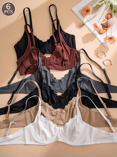 6 piezas de sujetadores de copa blanda inalámbricos de unicolor con borde ondulado para señoras