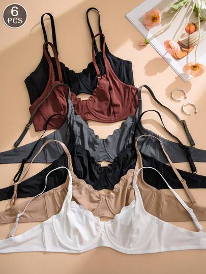 6pcs Ladies Solid Color Wavy Edge Wireless Soft Cup Bras