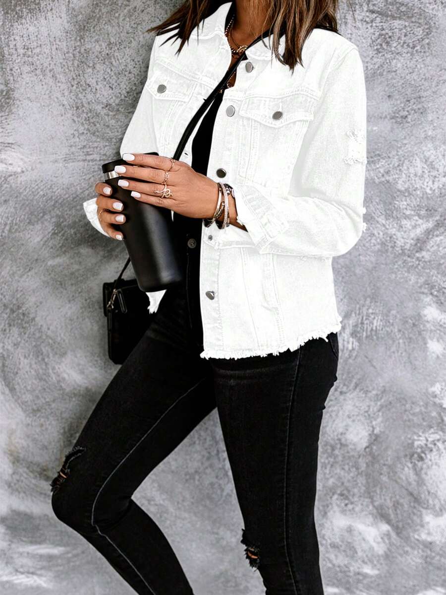 Necooer Women's Denim Jacket Old Style Washable Button Up Boyfriend Denim Jacket With Pocket Jacket Jacket [Four Season Version] - White - View 1