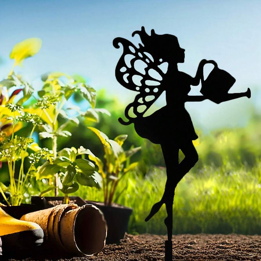 1 Stück Metall Kunst Fairy Silhouette Deko Statue, Gartenstecker Dekoration, Wanddekoration, geeignet für Außengarten, Terrasse, Park, Rasen, Pflanzkübel