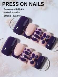 24片方形花朵法式亚克力美甲贴纸，提升您的时尚品味！这款贴纸套装完美适配短指甲，包含1片果冻胶和1把指甲锉。轻松打造夏日法式美甲造型，适合女性日常工作、派对及各种场合。 - 紫色 - 查看 2