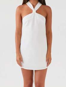 Women Mini Dress Solid Color/Floral Print Halter Neck Backless Dress Summer Fashion Sleeveless Casual Dress - 白色 - 查看 1