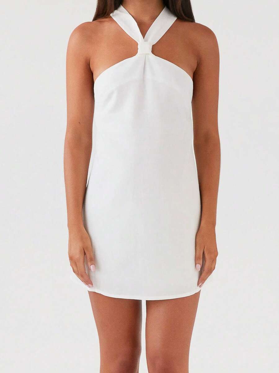 Women Mini Dress Solid Color/Floral Print Halter Neck Backless Dress Summer Fashion Sleeveless Casual Dress - 白色 - 查看 1