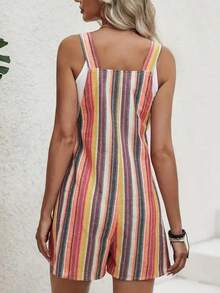 彩虹条纹口袋纽扣扭纹前连体衣 - 彩色 - 查看 2