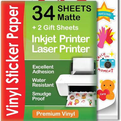 100 hojas de papel adhesivo de vinilo brillante imprimible para impresoras de inyección de tinta y láser - 8.5" X 11" - Resistente al agua, de secado rápido, con colores vivos