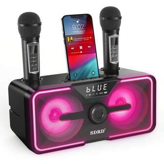 便携式卡拉OK唱歌机，多功能无线音箱，配备2个UHF无线麦克风和动态LED灯，内置4000mAh可充电电池，可作为圣诞礼物送给朋友或家人。