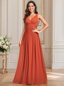 EVERPRETTY Elegant Chiffon V-Neck Sleeveless Ruched Long Formal Tangerine Bridesmaid Dress, Spring/Summer Wedding Guest Dress, Wedding/Graduation Ceremony Dress - Burnt Orange - View 7