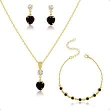 18k Gold Plated Semi-Jewelry Kit - Set With Bracelet, Chain, Pendant And Heart Earrings - Hitam - View 2