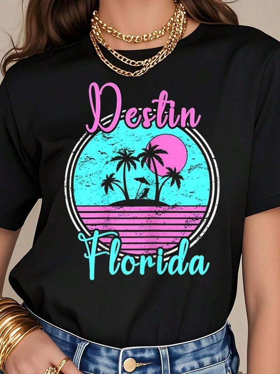 100% Cotton Destin Florida Beach Travel Souvenir Florida T-Shirt Pure Cotton T-Shirts. Breathable And Comfortable. Short-Sleeved Round Neck Tops For All Seasons100% Cotton Summer T-Shirt For Women # Printed T-Shirts - Black - View 1