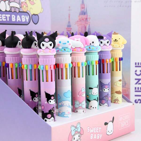Sanrio 1pc Sanliou Cartoon Ball Pen Kuromi Hello Kitty Cinnamoroll 10 Color 0.7 School Student Stationery Painting Wrist Marker, Printed Ten Color Ball Pen Cartoon Multi-Color Gel Pen,Mother's Day Gift