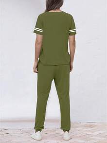 夏季女士无袖条纹短袖上衣和口袋侧条纹裤慢跑套装家居休闲运动装