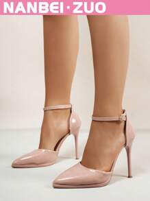 NANBEI ZUO NANBEI ZUO Women's Plus Size Glossy Pointed Toe Ankle Strap Thin High Heel Shoes, Black/White/Apricot, Fashionable Minimalist High-End Elegant Versatile Street Style Elegant European And American Vibe High Heels For Work, Interview, Formal, Party, Wedding, Birthday Gift, Date, Vacation, Comfortable And Breathable