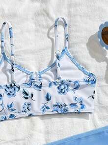 Young Girl Floral Print Spaghetti Strap Bikini Set Set With Cover Up Pareo Skirt, Summer Holiday - Blue - View 5