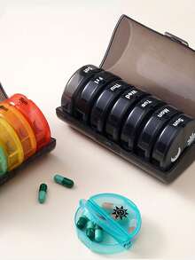 1 Set de 7 días de caja portátil circular para pastillas (7 cajas de medicina separadas + 1 caja de almacenamiento), contenedor de almacenamiento de medicina de viaje multicolor con compartimentos para organizar la medicación de mañana/noche, 14 cajas de clasificación de medicina negra, caja de medicina portátil con compartimentos de plástico - Multicolor - Ver 1