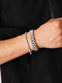 2pcs Stainless Steel Simple Men's Bracelet Jewelry Set With Rhinestone, Waterproof And Fade-Resistant, Suitable For Men's Daily Wear