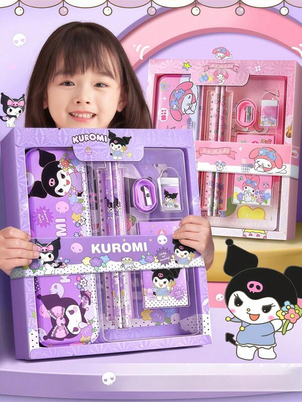 Sanrio 1pc Sanrio Stationery Gift Box Set, School Supplies For Boys & Girls, Includes Pencils, Eraser, Crayons, Sharpener, Kuromi, Perfect Birthday Gift For Kids, High-Quality Gift Box Packaging,Back To School,School Supplies