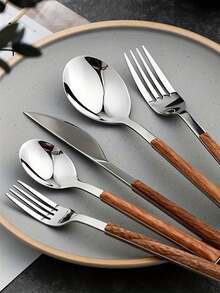 5/20/30pcs Stainless Steel Cutlery Set With Wooden Handles, Includes Knife, Fork, Spoon, Teaspoon, Suitable For Home Kitchen, Hotel, Party Use