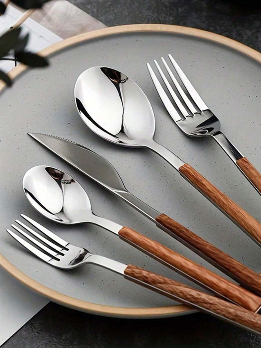5/20/30pcs Stainless Steel Cutlery Set With Wooden Handles, Includes Knife, Fork, Spoon, Teaspoon, Suitable For Home Kitchen, Hotel, Party Use