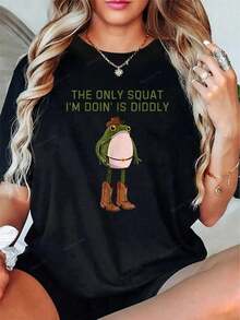 Camiseta vintage divertida con el meme de la rana "El único sentadilla que voy a hacer es Diddly" - Blusas de verano estilo Y2K para mujeres, conjuntos de club sexy, vestidos de verano, camiseta con estampado de guepardo, camiseta estampada de moda - Negro - Ver 1