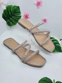 Sandalia plana de mujer para fiestas o casuales con diamante de imitación, combina un outfit perfecto para los eventos ,mas importantes bodas , Xv y mas, úsalos hasta en la oficina, no dejes pasar esta oportunidad - Maquillaje - Ver 1