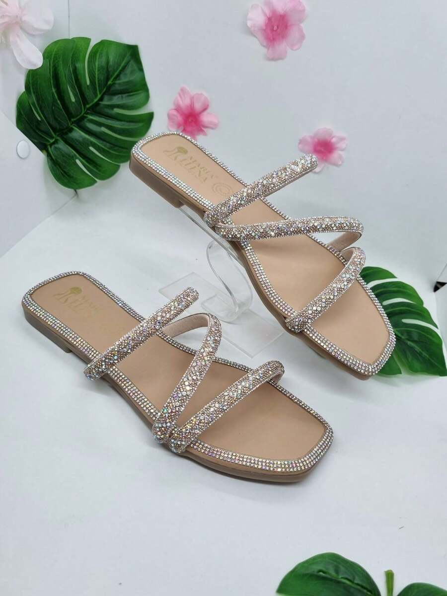 Sandalia plana de mujer para fiestas o casuales con diamante de imitación, combina un outfit perfecto para los eventos ,mas importantes bodas , Xv y mas, úsalos hasta en la oficina, no dejes pasar esta oportunidad - Maquillaje - Ver 1