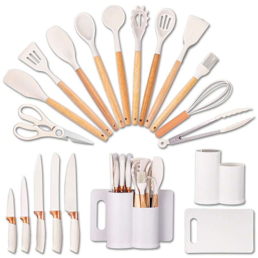 Juego de utensilios de cocina de silicona de 19 piezas, resistentes al calor, antiadherentes, fáciles de cocinar y limpiar. - Blanco - Ver 1