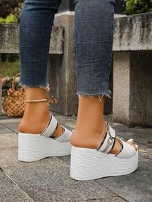 Women's One Strap Open Toe Platform Wedge Sandals, Comfortable Versatile Casual Shoes For Daily Wear, Home And Outdoor - White - View 5