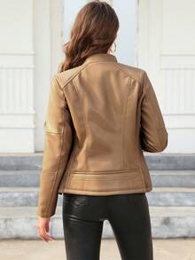 Giolshon 女士仿皮机车夹克 - 不对称拉链，立领，适合都市街头风和通勤风格，春季款 - 卡其色 - 查看 4