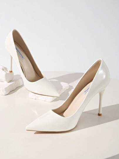 Fall/Winter 10cm High Heel Women's Glossy Pure White Pointed Toe Low Vamp Leather Pumps, Sexy Party, Nightclub, Wedding, Work And Daily Wear,Elegant,Stiletto Heels
