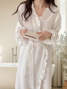 Women's Sweet & Simple Solid Color Ruffled Long Sleeve Robe, Lightweight, New Spring/Autumn Styles, Comfortable V-Neck Bathrobe With Pockets, Casual Plaid LoungewearSummer Wedding Home Bathroom Decor Back To School - White - View 1