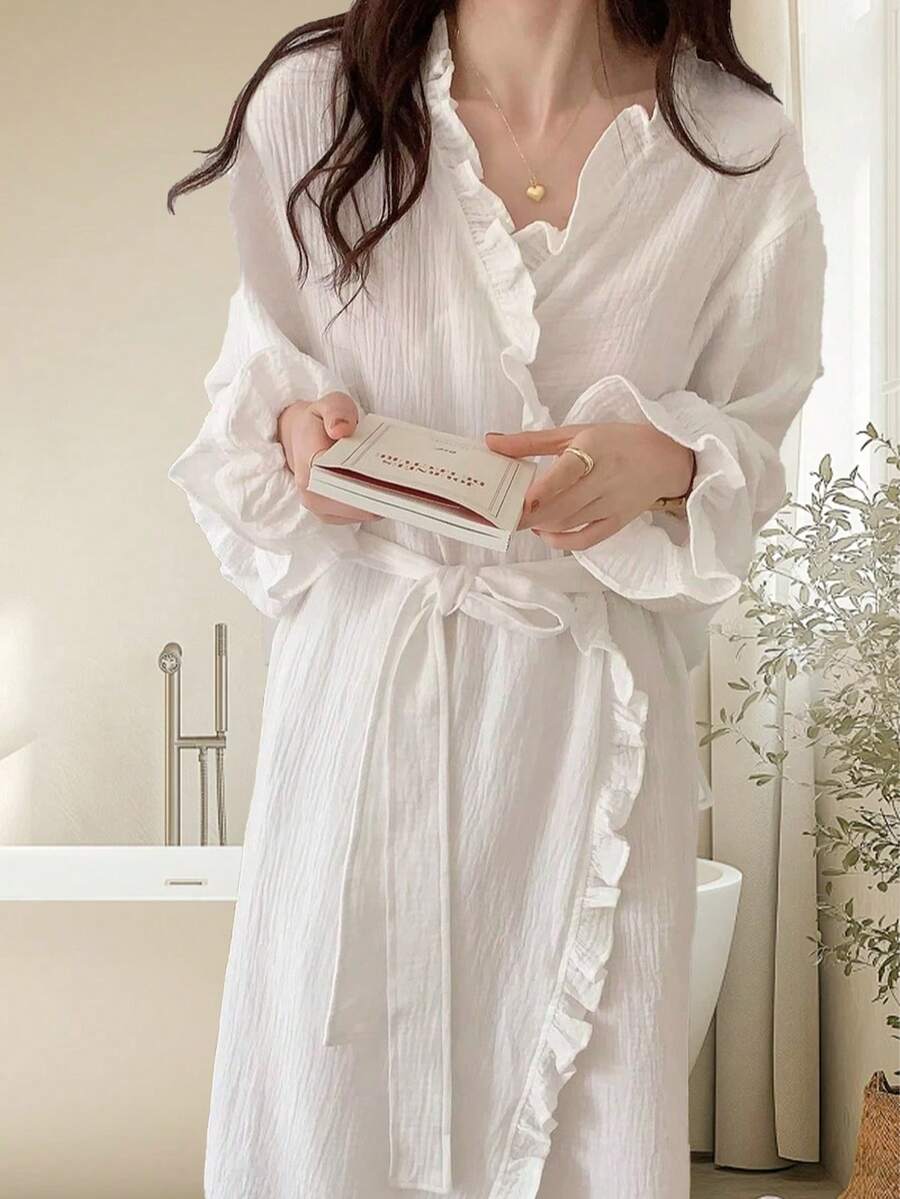 Women's Sweet & Simple Solid Color Ruffled Long Sleeve Robe, Lightweight, New Spring/Autumn Styles, Comfortable V-Neck Bathrobe With Pockets, Casual Plaid LoungewearSummer Wedding Home Bathroom Decor Back To School - White - View 1