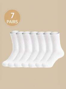 7 Pairs Ladies' Solid Color Comfortable Breathable Mid-Calf Socks, Versatile - White - View 4