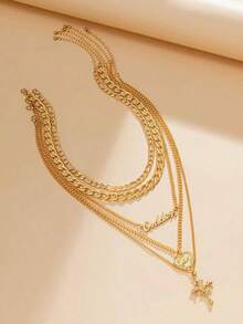 5pcs Retro Multi-Layer Heart Shaped Relief Figure & Cross Pendant Necklace - Gold - View 3