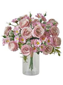 1 束人造玫瑰花假玫瑰和雏菊花束丝绸玫瑰花花瓶家居婚礼派对装饰餐桌中心装饰 - 粉色 - 查看 5