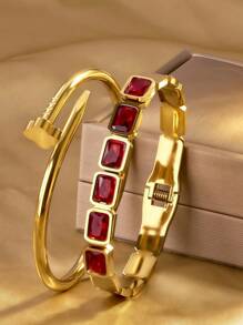 2 pièces Bracelets-joncs élégants et classiques avec zirconias carrés colorés, bracelets-joncs en acier inoxydable avec zirconias cubiques 5A sertis en forme de trèfle, idéaux pour les anniversaires, les fêtes, les cadeaux de la Fête nationale d'Arabie saoudite pour les femmes, les filles et les mères