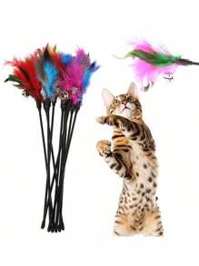 5/10 pezzi Bacchetta interattiva per gatti con campanello - Giocattolo per gatti lungo 20" per gattini e gatti adulti (con accessori in piuma/nastro, durevole)