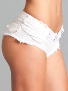 Low Rise Frayed Denim Micro Shorts – Stretch Fit – Distressed Edge – Zipper Closure – Summer Streetwear Staple - White - View 2