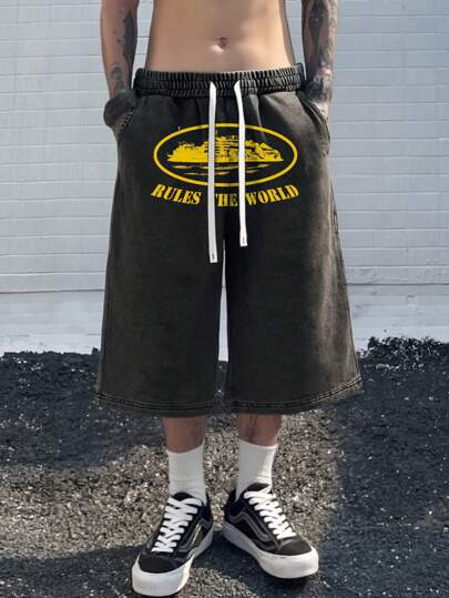 7/8 Length Drawstring Waist Pocket Front Casual Versatile Snow Flake Print Shorts