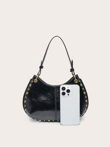 女士新月形极简铆钉装饰PU复古朋克单肩手提包，适合购物 - 黑色 - 查看 2