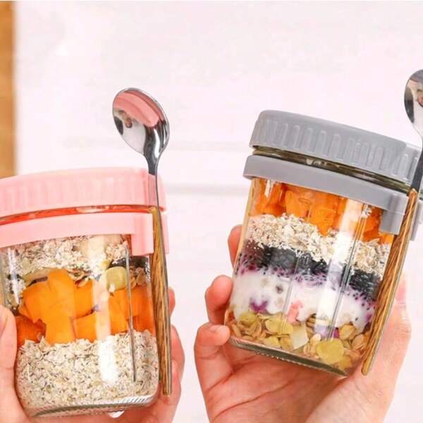 1 Stück Glas Lebensmittelglas mit Deckel und Löffel - perfekt für Overnight Oats, Getreide, Salat und mehr - einfache Portionskontrolle mit Messmarkierungen