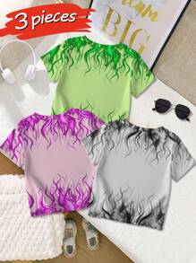 3-Piece Set, Featuring Short-Sleeve, Soft, Breathable, And Comfortable-Fitting Casual T-Shirts For Teenagers, Adorned With Vibrant Cartoon Patterns And Classic Round-Neck Tops.