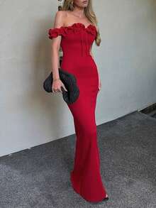 Floreya elegantes rotes Rüschenkleid mit Off-Shoulder für Date Nights und Feiertage, figurbetontes Meerjungfrauenkleid in Maxilänge - Rot - Übersicht 3
