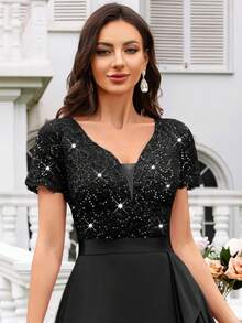 MIUSOL Vestido largo de fiesta formal con escote en V profundo, contraste de lentejuelas, encaje y volantes de gasa, vestido de noche formal - Negro - Ver 8
