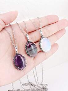 1 件 CSJA 椭圆形吊坠项链天然石疗愈紫水晶玫瑰石英白水晶蛋形珠不锈钢链项链 H627 - Necklace - 查看 5