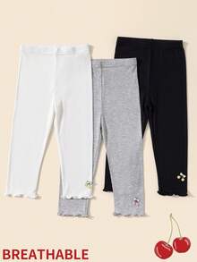 4 件/1 件女童纯色竖条纹七分紧身裤，带小樱桃装饰，透气弹力紧身裤，儿童七分裤，适合儿童夏季日常穿着