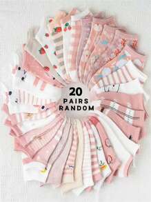 1 Pair/10 Pairs/20 Pairs/30 Pairs Of Random Spring And Summer Style Pink Candy Color Cute Cat Strawberry Flower Japanese Sweet Cute Ins Style Girls Campus Sports Daily Versatile Soft Skin Friendly Comfortable Sweat Absorbing Breathable Women's Short Socks