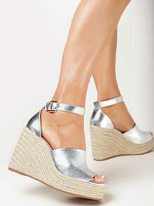 Sandalias de cuña alta con detalle de cuerda, acabado metálico, de verano - Plateado - Ver 2