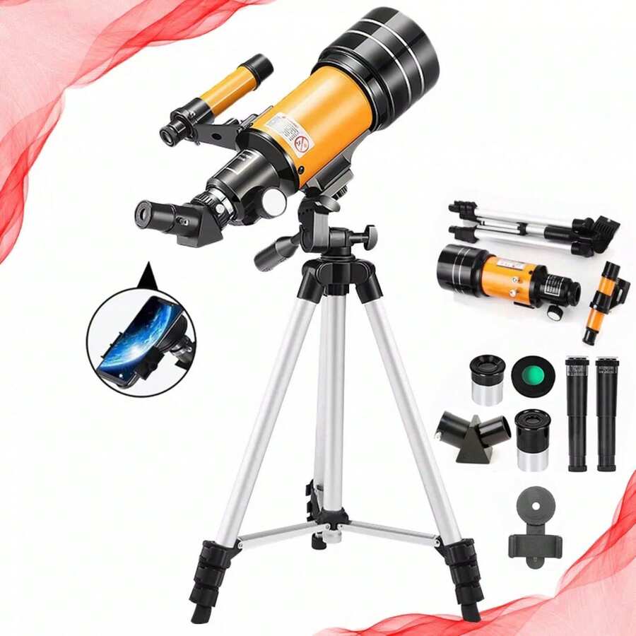 1PCS Astronomisches Teleskop mit Stativ, 45-Grad-Spiegel und 2 Okularen, 15x-150x, 70-mm-Objektiv mit großem Durchmesser, 300 mm Brennweite. Ein ideales Geschenk für Astronomieliebhaber zur Beobachtung von Mond, Planeten, Konzerten, Landschaften und Wildtieren